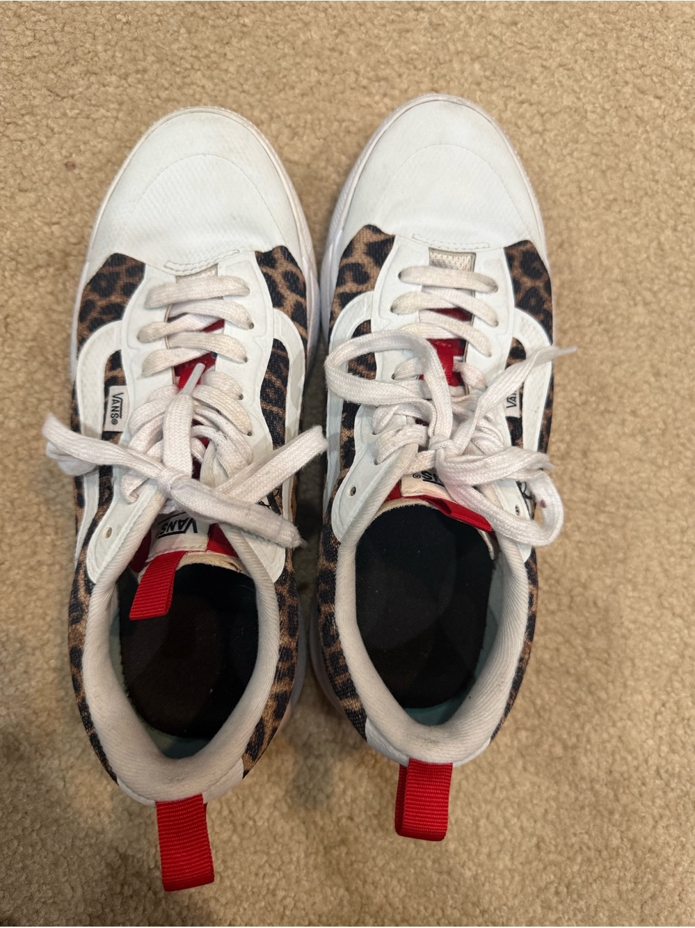 Vans White Sneakers with Leopard Panels and Red Heel Tabs